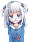  1girl absurdres animal_costume blue_eyes blue_hair blue_hoodie blunt_bangs fake_facial_hair fake_mustache gawr_gura gawr_gura_(1st_costume) grandapple71 grey_hair hair_ornament highres hololive hololive_english hood hoodie looking_at_viewer medium_hair multicolored_hair shark_costume shark_hair_ornament sidelocks solo streaked_hair two_side_up virtual_youtuber white_background 