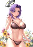 1girl :d bikini black_bikini breasts commentary_request floral_background halo hand_up highres jouzaburou_(joe3) kantai_collection large_breasts mechanical_halo medium_hair navel playing_with_own_hair purple_eyes purple_hair smile solo stomach string_bikini swimsuit tatsuta_(kancolle) wet white_background 