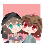  2others :3 ahoge androgynous bandana black_bandana blue_eyes blue_kimono border brown_hair brown_headwear cape cheek-to-cheek choker closed_mouth colored_eyelashes commentary_request eye_of_senri heads_together helmet jacket japanese_clothes katano_sukune kimono kotomine_kokoro kuzu_suzumi len&#039;en light_blush multiple_others open_clothes open_jacket orange_jacket purple_cape purple_scarf red_background red_eyes red_hair scarf shirt short_hair sleeveless sleeveless_jacket sleeveless_shirt smile sun_print upper_body white_border white_choker white_shirt 