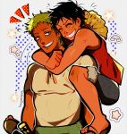  2boys absurdres bandana_around_arm black_hair blush carrying closed_eyes dark-skinned_male dark_skin earrings green_hair grin happy hat highres hug hug_from_behind huyandere jewelry male_focus monkey_d._luffy multiple_boys one_piece open_mouth piggyback red_shirt roronoa_zoro sandals scar scar_on_cheek scar_on_face shirt short_hair shorts sideburns smile straw_hat sweatdrop teeth toned toned_male white_shirt 