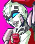  2023 absurd_res arcee blue_eyes cybertronian dumbdelvon female hasbro hi_res humanoid machine metallic_body not_furry pink_background red_body robot robot_humanoid sharp_teeth simple_background solo takara_tomy teeth tongue tongue_out transformers 