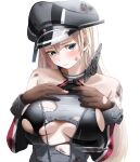  1girl bare_shoulders bismarck_(kancolle) blonde_hair blue_eyes blush breasts commission detached_sleeves dirty dirty_clothes gloves hair_between_eyes hat highres kantai_collection large_breasts long_hair looking_at_viewer military military_hat military_uniform peaked_cap simple_background skeb_commission solo tama_(tamago) torn_clothes torn_gloves uniform upper_body white_background 