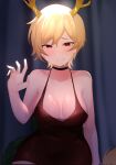  1girl alternate_costume antlers bad_hands bare_shoulders blonde_hair breasts choker cleavage dress grin half-closed_eyes hand_up highres kicchou_yachie large_breasts looking_at_viewer majime_joe red_eyes short_hair smile teeth touhou 