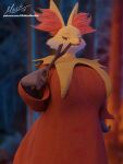  3d_(artwork) anthro blender_(software) breasts canid canine clothing delphox digital_media_(artwork) fangs female generation_6_pokemon hand_on_hip hi_res hiddenmask18 lidded_eyes mammal nintendo open_mouth pokemon pokemon_(species) robe solo stick teeth 