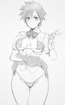  1girl ass_visible_through_thighs bikini blush breasts character_request clothes_lift copyright_request em_(totsuzen_no_hakike) greyscale looking_at_viewer micro_bikini monochrome navel open_clothes open_shirt panties pleated_skirt school_uniform short_hair side-tie_panties skirt skirt_lift smile solo sweatdrop swimsuit thigh_gap underwear 