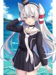  1girl amatsukaze_(kancolle) amatsukaze_kai_ni_(kancolle) belt black_dress braid brown_eyes commentary_request cowboy_shot dress gloves grey_hair hair_tubes hat highres kantai_collection kotou_yogen long_hair mini_hat neckerchief pleated_dress sailor_collar single_braid smile smokestack_hair_ornament solo standing white_gloves white_neckerchief white_sailor_collar 