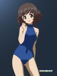  1girl akiyama_yukari alternate_costume arm_behind_back artist_name black_background blue_one-piece_swimsuit brown_eyes brown_hair commentary covered_navel cowboy_shot dated girls_und_panzer halterneck highres looking_at_viewer messy_hair naotosi one-piece_swimsuit open_mouth school_swimsuit short_hair smile solo standing swimsuit 