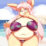  1:1 2020 anthro beach belly big_belly big_breasts bikini blue_eyes blue_sky breasts butter_(maverick) clothing cloud curvy_figure day detailed_background female front_view glistening glistening_eyes glistening_hair hair hi_res holding_face huge_breasts lagomorph legs_together leporid long_hair looking_at_viewer mammal maverick navel outside overweight overweight_female parasol pink_hair pink_nose plant_print portrait pubic_mound rabbit seaside sky solo standing string_bikini swimwear thick_thighs three-quarter_portrait voluptuous water wave wide_hips 