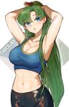  1girl alternate_costume armpits arms_up bare_arms bare_shoulders black_pants blue_eyes breasts chocojax cleavage commentary crop_top fire_emblem fire_emblem:_the_blazing_blade green_hair highres large_breasts long_hair lyn_(fire_emblem) midriff navel pants solo sports_bra stomach upper_body very_long_hair white_background 