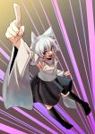  1girl 9302w_(user_wjpg8475) :d animal_ear_fluff animal_ears arm_up armpits bangs bare_shoulders black_skirt black_thighhighs emphasis_lines from_above full_body grey_background highres inubashiri_momiji looking_at_viewer open_mouth pointing pointing_at_viewer red_eyes shirt short_hair skirt smile solo tail thighhighs touhou white_hair white_shirt white_sleeves wolf_ears wolf_girl wolf_tail 