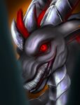 angry anthro beowulf_blackburn detailed dragon eye_contact hazed01 hi_res horn insane lips looking_at_another male portrait red_eyes smile solo teeth 