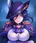  1girl ascot blue_hair breasts button_gap cleavage clorinde_(genshin_impact) commentary genshin_impact gloves hair_between_eyes hakuramen hat large_breasts looking_at_viewer purple_ascot purple_eyes purple_hair purple_headwear short_hair solo tricorne upper_body white_gloves 
