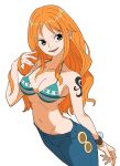  1girl bikini bracelet breasts brown_eyes cleavage denim earrings eyelashes green_bikini hand_up highres jeans jewelry large_breasts long_hair nami_(one_piece) one_piece open_mouth orange_hair pants simple_background smile solo start_furuike swimsuit tattoo wavy_hair 