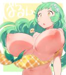  1girl :o bikini breasts flower gothic_wa_mahou_otome green_hair hair_flower hair_ornament highres huge_breasts long_hair luccica_(gothic_wa_mahou_otome) nanaichi nipples open_mouth orange_eyes pointy_ears simple_background solo swimsuit wardrobe_malfunction white_flower yellow_bikini 