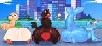  absurd_res anthro anus avian balls big_butt bird black_body black_butt black_fur blue_body blue_butt blush butt canid canine female fur generation_7_pokemon genitals group hi_res litten male mammal marine mertvykhcrows nintendo nude open_mouth pokemon pokemon_(species) popplio pussy red_body red_fur rowlet simple_background tail trio white_butt 