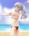  1girl arthur_ko ass bare_arms bare_legs bare_shoulders beach bikini black_bikini blue_eyes blush clothes_writing cloud cloudy_sky day green_hairband grey_hair hairband highres kantai_collection long_hair ocean open_mouth outdoors sky solo swimsuit twitter_username wavy_hair yamagumo_(kancolle) 