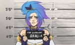  1girl akali barbie_mugshot_(meme) bare_shoulders black_gloves black_nails character_name detached_sleeves fingerless_gloves gloves hair_ornament height_chart height_mark holding holding_sign league_of_legends littlby_(badwoolf) meme mugshot nail_polish ponytail sideways_glance sign solo standing star_guardian_akali teeth 