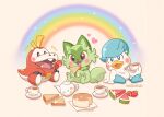  absurdres artist_name blush cake cup food fruit fuecoco heart highres holding holding_food no_humans open_mouth pokemon pokemon_(creature) quaxly rainbow saucer simple_background sprigatito strawberry teacup teapot vanillacherie watermark watermelon watermelon_slice 