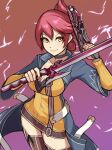  1girl breasts cleavage_cutout clothing_cutout dual_wielding eiyuu_densetsu english_commentary gun hair_bun holding holding_gun holding_sword holding_weapon large_breasts lightning looking_at_viewer pink_hair sara_valestein sen_no_kiseki solo spottylen sword weapon yellow_eyes 