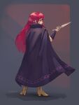  1girl absurdres boots brown_footwear cape fire_emblem fire_emblem_engage full_body highres holding holding_knife holding_weapon kaphrin knife long_hair purple_cape red_eyes red_hair simple_background solo weapon yunaka_(fire_emblem) 
