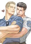  2boys albert_wesker bara black_hair blonde_hair blue_eyes blue_shirt chocolate chris_redfield collared_shirt couple food food_in_mouth heart hug hug_from_behind looking_at_another male_focus multiple_boys muscular muscular_male resident_evil resident_evil_1 shirt short_hair simple_background sunglasses tatsumi_(psmhbpiuczn) upper_body white_background white_shirt yaoi 