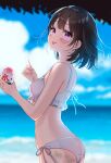 1girl :p absurdres arched_back ass bare_arms bikini black_hair blue_sky blurry blurry_background blush breasts day food highres holding holding_spoon horizon looking_at_viewer ocean original outdoors purple_eyes sand shaved_ice short_hair side-tie_bikini_bottom sky small_breasts spoon swimsuit tongue tongue_out white_bikini yushima 