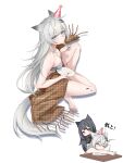  2girls absurdres animal_ears antenna_hair arknights bandeau black_hair blanket blue_eyes breasts chibi cleavage eating food food_on_face fork grey_bandeau grey_hair hair_ornament hairclip hat highres holding holding_fork holding_plate lappland_(arknights) long_hair looking_at_viewer medium_breasts messy_hair multiple_girls nanaya_journey oripathy_lesion_(arknights) party_hat plate scar scar_across_eye simple_background sitting tail very_long_hair white_background wolf_ears wolf_girl wolf_tail yellow_eyes 