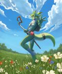  accessory anthro backpack backpack_only belt blacku-draws cloud cloudscape female field flower flower_in_hair grass hair hair_accessory hi_res horn hybrid kanya_the_drakkonid_(darkflamewolf) legend_of_ahya mammal nude plains plant reptile scalie sky solo staff 