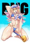  1girl adapted_costume bare_shoulders barefoot bikini blonde_hair blue_bikini blue_headwear blush blush_stickers breasts cleavage covered_nipples dark_magician_girl duel_monster feet green_eyes hair_between_eyes highres holding holding_wand kneeling large_breasts legs long_hair looking_at_viewer mibry_(phrysm) navel open_mouth smile solo staff stomach swimsuit thighs toes wand yu-gi-oh! yu-gi-oh!_duel_monsters 