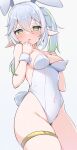  1girl :o alternate_costume animal_ears bare_shoulders blush breasts covered_nipples cowboy_shot fake_animal_ears fake_tail genshin_impact green_eyes green_hair grey_background grey_hair hair_between_eyes highres long_hair looking_at_viewer multicolored_hair nahida_(genshin_impact) nipple_slip nipples playboy_bunny pointy_ears rabbit_ears rabbit_tail side_ponytail simple_background small_breasts solo standing symbol-shaped_pupils tail thigh_strap two-tone_hair wrist_cuffs xlyami 