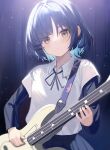  1girl aroa_(aroamoyasi) bass_guitar blue_hair blue_ribbon blue_skirt blue_sleeves blurry bocchi_the_rock! closed_mouth collared_shirt commentary fender_precision_bass hair_ornament hairclip highres holding holding_instrument indoors instrument light light_particles long_sleeves looking_at_viewer mole mole_under_eye neck_ribbon pleated_skirt ribbon school_uniform serious shimokitazawa_high_school_uniform shirt short_hair sidelocks skirt solo standing upper_body white_shirt yamada_ryou yellow_eyes 