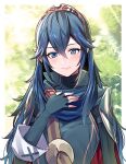  1girl ameno_(a_meno0) blue_cape blue_eyes blue_gloves blue_hair blue_sweater blush cape closed_mouth commentary_request fingerless_gloves fingernails fire_emblem fire_emblem_awakening gloves hair_between_eyes jewelry long_hair looking_at_viewer lucina_(fire_emblem) red_cape ribbed_sweater smile solo sweater tiara turtleneck turtleneck_sweater two-tone_cape very_long_hair 
