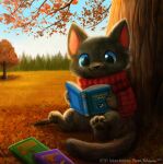  2023 ambiguous_gender autumn blue_eyes book cryptid-creations domestic_cat english_text felid feline felis feral forest fur grey_body grey_fur hi_res leaf mammal outside pawpads plant reading russian_blue scarf sky smile solo text tree whiskers 