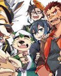  akashi_(live_a_hero) anthro bandanna bjfbb64616 blue_eyes blush canid canine canis crowne_(live_a_hero) domestic_dog eyebrows felid female fur green_body green_fur group hi_res human kerchief lifewonders live_a_hero male mammal mask mokdai overweight pantherine pawpads ryekie_(live_a_hero) scar sui_(live_a_hero) thick_eyebrows tiger 