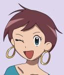  1girl absurdres blue_eyes brown_hair earrings extra highres hoop_earrings jewelry one_eye_closed pokemon pokemon_(anime) short_hair 