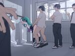  1girl 4boys ass bangs bent_over blue_skirt blush braid breasts butterfly_hair_ornament collared_shirt gradient_hair green_hair hair_ornament hetero highres hololive kakure_eria long_hair multicolored_hair multiple_boys open_clothes open_shirt pleated_skirt purple_hair restroom revision sex sex_from_behind shirt short_sleeves skirt small_breasts thighs urinal uruha_rushia virtual_youtuber window 