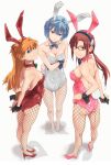  3girls alternate_costume aoi_nori_(aoicoblue) arms_behind_back ass ayanami_rei bare_shoulders blue_hair breasts brown_hair closed_mouth commentary_request covered_navel fishnet_pantyhose fishnets full_body hand_on_hip leotard looking_at_viewer looking_back makinami_mari_illustrious medium_breasts multiple_girls neon_genesis_evangelion orange_hair pantyhose pink_leotard playboy_bunny rebuild_of_evangelion red_leotard smile souryuu_asuka_langley standing strapless strapless_leotard white_leotard 