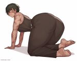  1girl all_fours ass ass_focus asura_(asurauser) barefoot black_hair black_pants breasts burn_scar glasses highres huge_ass jujutsu_kaisen looking_at_viewer looking_back multiple_scars pants scar scar_across_eye short_hair solo tank_top thick_thighs thighs yellow_eyes zen&#039;in_maki 
