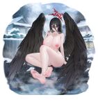  1girl barefoot black_hair black_wings blue_archive blush breasts cleavage closed_mouth collarbone completely_nude feathered_wings halo hasumi_(blue_archive) heart heart-shaped_pupils highres huge_breasts lichiko long_hair nipples nude onsen red_eyes red_halo rock snow soles solo symbol-shaped_pupils toes water wings 