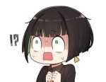  !? 1girl allmind_(armored_core_6) armored_core armored_core_6 black_hair black_jacket black_necktie chibi collared_shirt earrings green_eyes green_hair grey_shirt hands_up i.u.y jacket jewelry multicolored_hair necktie open_mouth own_hands_together personification shirt short_hair solo sweat turn_pale two-tone_hair upper_body wavy_mouth wide-eyed 