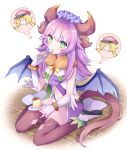  1girl alice_(rune_factory) blonde_hair blue_flower blush bracelet brown_thighhighs chibi chibi_inset closed_mouth commentary dragon_girl dragon_horns eating fingerless_gloves flower food full_body fur_collar gloves green_eyes hand_up head_wreath holding holding_spoon horns jewelry long_hair looking_at_viewer low_wings midriff mini_mamu navel plate pudding purple_hair radea_(rune_factory) rune_factory rune_factory_5 shirt shoes short_shorts shorts sitting smile spoon symbol-only_commentary tail thighhighs thought_bubble v-shaped_eyebrows wariza white_background white_footwear white_gloves white_shorts wings 
