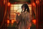  1boy black_hair chinese_clothes closed_mouth fkrnnmr gold_trim hand_up high_ponytail highres hong_lu_(limbus_company) lantern limbus_company long_hair long_sleeves looking_at_viewer paper_lantern project_moon robe sidelocks smile solo very_long_hair white_robe wide_sleeves 