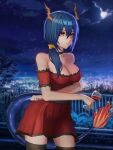  1girl absurd_fox absurdres alternate_costume arknights blue_hair breasts ch&#039;en_(arknights) cleavage cup dragon_girl dragon_horns dragon_tail dress drinking_glass highres horns looking_at_viewer moon night night_sky red_dress red_eyes scrunchie side_ponytail sky solo standing tail thighhighs wine_glass 