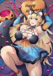 1girl animal_ears arms_up bare_shoulders barghest_(fate) biceps blonde_hair blue_camisole blue_gloves breasts camisole candy chain cleavage cuffs elbow_gloves fate/grand_order fate_(series) food gloves gradient_clothes green_eyes halloween halloween_bucket highres jack-o&#039;-lantern large_breasts long_hair looking_at_viewer muscular muscular_female nakaga_eri open_mouth orange_camisole orange_gloves shackles smile solo tail thick_thighs thighs wolf_ears wolf_tail 