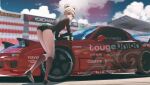  1girl ass bodysuit breasts bullpup cloud cloudy_sky commission dgkamikaze double_bun full_body girls&#039;_frontline gun hair_bun highres kneehighs leaning_against_vehicle leotard light_brown_hair looking_back medium_breasts p90_(girls&#039;_frontline) racing red_eyes second-party_source sky socks solo submachine_gun sunglasses vehicle_focus vehicle_request weapon 