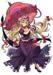  1girl black_footwear blonde_hair bow breasts cleavage closed_mouth collar commentary_request dress frilled_collar frilled_dress frills full_body gap_(touhou) hair_bow highres holding holding_umbrella hungry_clicker long_hair looking_at_viewer parasol puffy_short_sleeves puffy_sleeves purple_dress red_ribbon ribbon second-party_source shoes short_sleeves simple_background smile solo touhou umbrella very_long_hair white_background yakumo_yukari yellow_eyes 