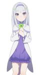  1girl absurdres bare_shoulders blush braid camui1104 dress emilia_(re:zero) flower grey_hair hair_flower hair_ornament hair_ribbon highres long_hair looking_at_viewer pointy_ears purple_eyes purple_ribbon re:zero_kara_hajimeru_isekai_seikatsu ribbon smile solo thighhighs white_flower white_hair x_hair_ornament 