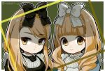  2girls black_bow black_flower black_rose blonde_hair blunt_bangs bow brown_eyes closed_mouth doradorakingyo dot_nose drill_hair flower frilled_bow frills frown hair_bow jessica_(jinrou_judgment) jinrou_judgment long_hair looking_at_viewer multiple_girls rose sandra_(jinrou_judgment) smile twin_drills twitter_username white_bow white_flower white_rose 