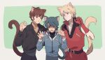  3boys :t amuro_ray animal_ear_fluff animal_ears belt black_belt black_jacket black_pants blonde_hair blue_eyes blue_hair blue_jacket blue_pants border brown_eyes brown_hair cat_boy cat_ears cat_tail char_aznable claw_pose closed_mouth expressionless fang gloves green_background gundam jacket kamille_bidan kemonomimi_mode long_sleeves looking_at_another male_focus multiple_boys namihaya open_mouth outside_border pants paper_texture quattro_bajeena red_gloves red_pants shaded_face shirt short_hair sleeveless sleeveless_jacket sleeveless_shirt sweat tail turtleneck white_border white_shirt yellow_shirt zeta_gundam 