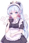  1girl :o apron ascot black_bow black_dress black_hairband blue_eyes blue_lips blunt_bangs blunt_ends blush bow bow_hairband bowtie center_frills clenched_hand collared_shirt cup dress english_commentary eyelashes fantasy flower flower_button frilled_apron frilled_dress frilled_hairband frills genshin_impact hair_bow hair_ribbon hairband holding holding_cup kamisato_ayaka long_hair looking_at_viewer maid maid_headdress open_mouth ponytail puffy_short_sleeves puffy_sleeves red_ribbon ribbon shirt short_dress short_sleeves sidelocks teacup twitter_username very_long_hair waist_apron white_ascot white_background white_bow white_bowtie white_flower white_shirt yukomeow 